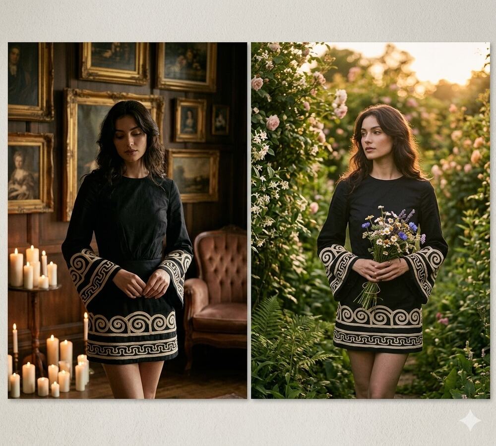 H&M Embroidered Bell Sleeve Mini Dress XS Black Cream NWT Cottagecore Goth Boho